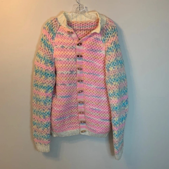 Handmade Pink Blue Crocheted Oversized Button Front Cardigan XL